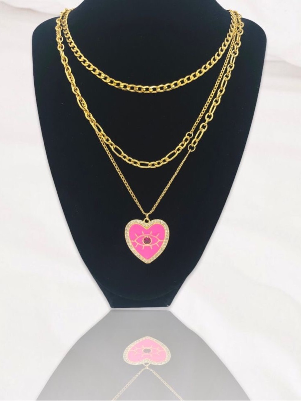 Gold-Tone 3 Layered cool Evil Eye Heart Pendant Necklace with Pink Enamel